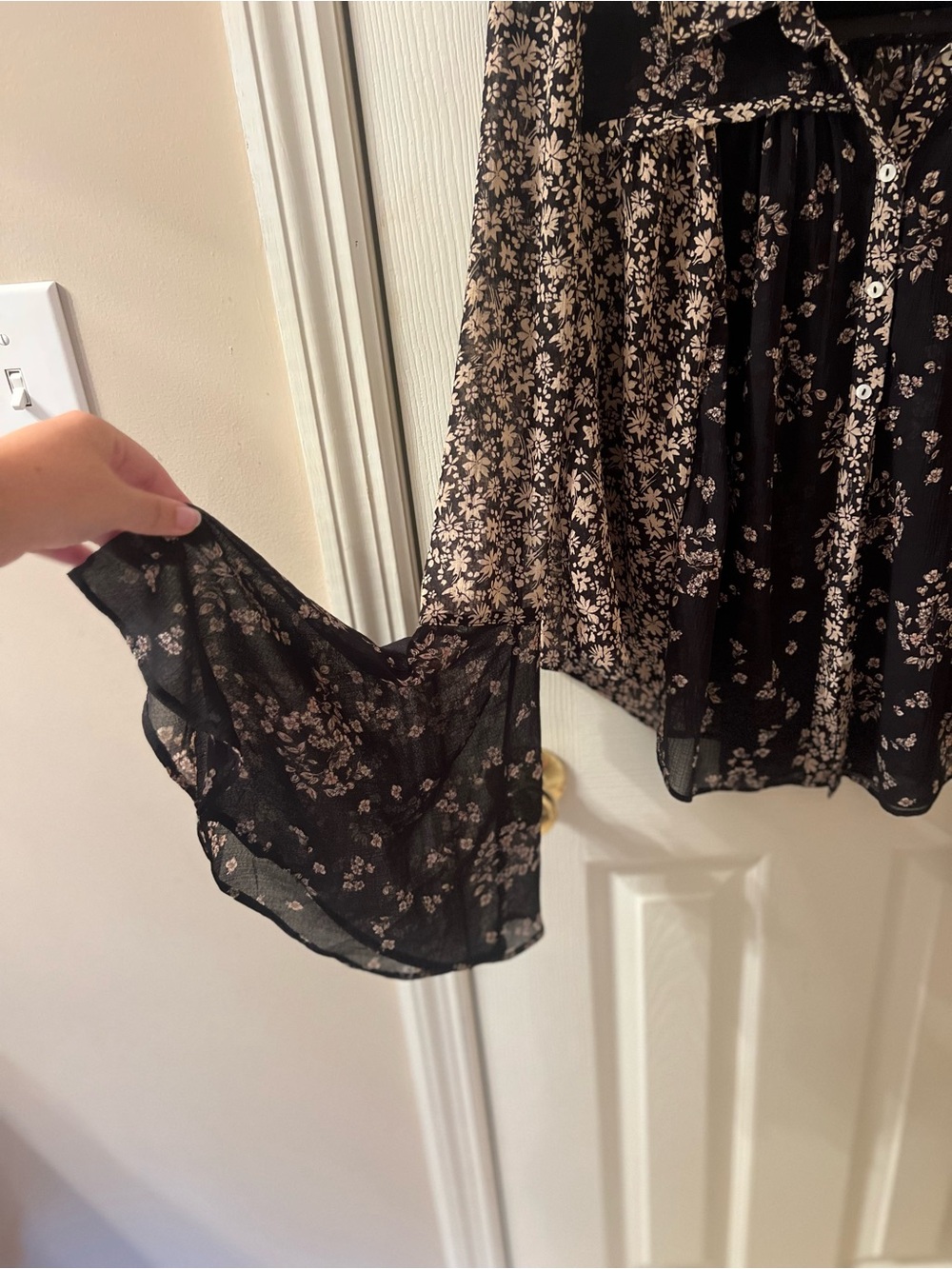 Free People Serena Floral Bell Sleeve Black Combo Blouse - Picture 3 of 4